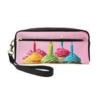 ZXMDZTSS Colorful Happy Birthday Cupcakes - Trousse à crayons et trousse de maquillage personnalisable en cuir synthétique - Organiseur compact pour étudiants, artistes, voyages, Noir , Taille unique