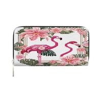 ZXMDZTSS Flamingo Bird Round Leaves - Portefeuille en cuir véritable à fermeture éclair pour femme avec poche pour téléphone - Pochette élégante pour un usage quotidien, les voyages et les cadeaux