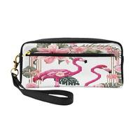 ZXMDZTSS Flamingo Bird Round Leaves - Trousse à crayons personnalisable en cuir synthétique et trousse de maquillage - Organiseur compact pour étudiants, artistes, voyages, Noir , Taille unique, Sac à