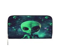 ZXMDZTSS Green Alien - Portefeuille en cuir véritable avec fermeture éclair pour femme avec poche pour téléphone - Pochette élégante pour un usage quotidien, les voyages et les cadeaux (design