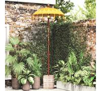 ZXQVLMRS Parasol balinais avec socle, parasol de jardin, 185 x 260 cm | Bois sculpté à la main, avec cloches décoratives et pompons