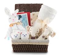 ZXShow Coffret Naissance Mixte Bébé Cadeau Naissance Nouveau-né Coffret Cadeau Bébé avec Couverture 70x100 cm Doudou Hochet Bavoir Chaussettes Panier Cadeau de Naissance Garçon Fille