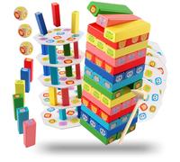 ZXShow Jenga Bois 5-en-1 Jeu Tour en Boises d’Équilibre und d’Adresse avec Motifs d’Animaux Cartes Dés Structure Créative en Bois Naturel Design Coloré Durable Idéal pour Relaxation Décoration Cadeau