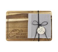 ZXShow Planche à découper en bois d'acacia - Cadeau de pendaison de crémaillère - Cadeau de maison - Avec torchon - Pendentif en bois - Ici habite le bonheur - Planche à petit-déjeuner - Planche à