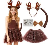 ZXTGBQ 5 PièCes Deguisement Renne Femme, Serre-TêTe avec Oreilles De Renne Serre Tete Renne Tutu Jupe Tatouages Temporaires NœUd Papillon Marron Queue De Cerf Marron DéGuisement Noel Carnaval Femme