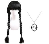 ZXTGBQ Mercredi Perruque avec Frange, Mercredi Perruque Tresse Noire avec Collier, pour Dames Costume éColièRe Jeu de RôLe FêTe