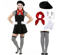 ZXTGBQ Pantomime Costume De Carnaval, Costume De Pantomime Pour Homme Et Femme, DéGuisement De Mime Avec BéRet, éCharpe, Gants, Tatouage, Chaussettes Et Bretelles, Pour Carnaval D'Halloween