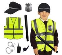 ZXTGBQ Police Deguisement Enfant, Police Pour Enfants, Policier Costume Gilet avec Chapeau, Menottes, Sifflet, Accessoires de Police, Costume de Policier pour Garçon Halloween Carnaval Party