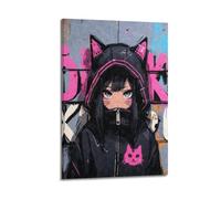 ZXYYHBG Poster graffiti sur toile représentant un chat et une fille, poster décoratif sur toile, affiche d'art moderne pour décoration murale familiale, chambre à coucher (60 x 90 cm)