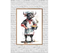 ZYANART - Décoration murale amusante - Motif taureau - Taille : 29,2 x 41,9 cm - 30 x 42 cm - Sans cadre (Chef animal taureau cuisinier 2)