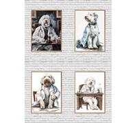 ZYANART Lot de 4 affiches murales amusantes à l'aquarelle (21 x 30 cm) - Motif chien de berger anglais ancien et médecin