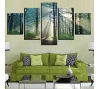 ZYCHKRL Tableau Murale Decoration 5 Panneau Lumière du soleil à travers la brume dans la forêt Mural Art Peinture Photos Bureau À Domicile Bain Grand Tableau Decoration Poster Mural Xxl 200X100