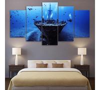 ZYCHKRL Toile Decoration Murale Toile Peinture Grand Format Impression Sur Toile 5 Parties Plongée sous-marine sur une épave Tableau Decoration Murale Tableaux Decoratifs Muraux Salon Avec Cadre