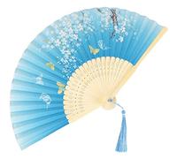 ZYCSKTL Ventilateur Pliant Éventail De Main pour Dames Imprimé Bleu Élégant, L'éventail De Mariage À L'église Est Décoré De Glands, Cadeau De Vacances (Color : Blue-B, Size : 38cm*3)
