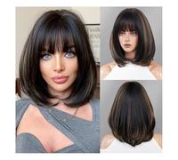 ZYDLMBJL Perruques Cheveux Humains, Perruque Bob mi-Longue for Femmes, Cheveux Courts et Lisses, Reflets Noirs et blonds, Perruque superposée, Ensemble de tête complète(BlackGoldSpotlight)