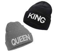 ZYEKIU 2 Pièces Bonnet d'hiver en Tricot, Cadeau de Noël pour Couple de Noël - King, Queen, Bonnet Homme Hiver, Hip Hop Mütze, Warm Beanie Tricoté Unisex Dickes (Noir, Gris)