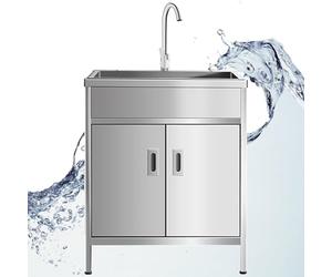ZYFBD Meuble d'évier utilitaire d'extérieur autonome en acier inoxydable avec robinet - Lavabo simple pour buanderie, ferme, garage et utilisation en intérieur