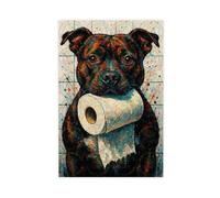 ZYGNBHL Staffordshire Bull Terrier avec rouleau de papier toilette dans la bouche, humour de toilette, salle de bain pour les amoureux des chiens, poster d'art mural moderne