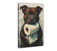 ZYGNBHL Staffordshire Bull Terrier avec rouleau de papier toilette dans la bouche, humour de toilette, salle de bain pour les amoureux des chiens, poster d'art mural moderne