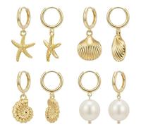 ZYIJUNY Lot de 4 paires de boucles d'oreilles créoles pour femme, plaqué or 14 carats avec éléments de l'océan - Avec coquillage/étoile de mer/conque/perle - Cadeau minimaliste pour l'été et la plage