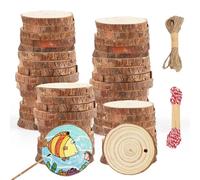 Zyiphor 50 Pièces Rondin De Bois Deco 5-6cm Tranches de Bois Naturel Livré avec 2 Cordes en Coton Trou Percé Journal Inachevé Cercles en Bois pour Bricolage Artisanat Décorations de Mariage de Noël