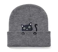 ZYKEJJDDAK Chapeaux en tricot brodé chat en tricot souple pour femme, chapeau hip-hop, accessoires de chaton de dessin animé, casquettes tête de mort, gris foncé, Taille unique
