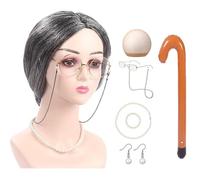 ZYKEJJDDAK Costume de vieille dame 100 jours d'école - Ensemble de costume d'Halloween pour grand-mère - Lunettes de grand-mère - Collier et boucles d'oreilles