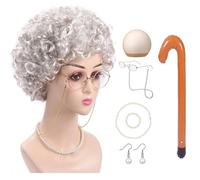 ZYKEJJDDAK Costume de vieille dame 100 jours d'école - Ensemble de costume d'Halloween pour grand-mère - Lunettes de grand-mère - Collier et boucles d'oreilles