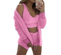 ZYKEJJDDAK Ensemble 3 pièces en polaire sherpa chaude et pelucheuse pour femme avec manteau, veste, haut court, short, cardigan, débardeur court, short, F, XXL