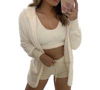 ZYKEJJDDAK Ensemble 3 pièces en polaire sherpa chaude et pelucheuse pour femme avec manteau, veste, haut court, short, cardigan, débardeur court, short, beige, XXL
