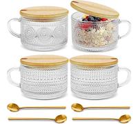 Zykphao Lot de 4 tasses à café vintage avec couvercles et cuillères en bambou - 414 ml - Tasses en verre transparent gaufré, tasses empilables pour petit déjeuner, accessoires de café