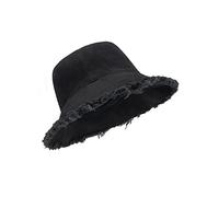 Zylioo Chapeaux de pêcheur effilochés XS-2XL, chapeaux de pêcheur à pompons avec mentonnière, chapeau de soleil mignon à franges grande taille, noir, L/XL