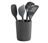 Zyliss Lot de 5 Ustensiles de Cuisine Durables en Paille de Blé/Silicone avec Louche, Spatule, Cuillère et Support, Têtes en Silicone Résistantes à la Chaleur, Gris Béluga