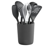Zyliss Lot de 7 Ustensiles de Cuisine Durables en Paille de Blé/Silicone avec Louche, Spatule, Cuillère et Support, Têtes en Silicone Résistantes à la Chaleur, Gris Béluga