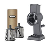 Zyliss Râpe à fromage rotative en aluminium, 3 lames en acier, fromage, légumes, chocolat, noix, fruits avec poignée, pied ventouse antidérapant et pince de table, garantie 5 ans