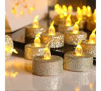 ZYLLZY Lot de 12 bougies chauffe-plat LED sans flamme réalistes à paillettes dorées, 100 heures, alimentées par piles pour fête, mariage, Pâques, décoration d'intérieur