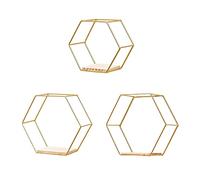 ZYLLZY Lot de 3 étagères flottantes hexagonales en métal doré à fixation murale géométrique avec base en bois, étagère de rangement moderne pour bureau et décoration d'intérieur