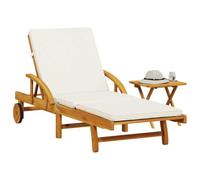 zylophax Chaise Longue en Bois d'acacia Massif avec Coussin Blanc crème et Table Pliante, transat inclinable réglable avec roulettes pour Jardin terrasse Balcon Piscine extérieur Patio