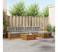 zylophax Ensemble canapé d'extérieur 6 pièces en Bois d'acacia Massif Gris Naturel et Clair avec Coussins Amovibles, Table, Pouf, modulable pour Jardin terrasse Salon détente