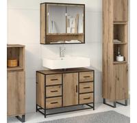 zylophax Ensemble mobilier Salle de Bain 2 pièces chêne Artisanal Bois d'ingénierie Meuble lavabo Miroir Rangement Mural Design Contemporain