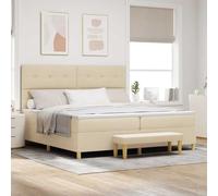 zylophax Lit Cadre sommier à Ressorts crème 200 x 200 cm avec tête de lit Tissu capitonné et Matelas Mousse Moyen, Structure Bois d'ingénierie, Banc Inclus pour Chambre Adulte Enfant ado
