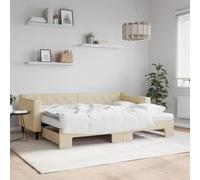 zylophax Lit de Jour avec gigogne crème 80x200 cm Tissu Polyester, Cadre en Bois Massif et métal, sommier à Lattes Inclus, Matelas Mousse Confortable, canapé Convertible pour Chambre Adulte ou Studio