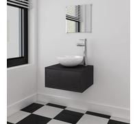 zylophax Meuble Salle de Bain 4 pcs Noir avec lavabo céramique Vasque Miroir Robinet mitigeur chromé Compact Rangement Suspendu Moderne
