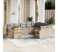 zylophax Salon de Jardin 10 pcs Beige en résine tressée avec Coussins, canapé Angle Bois d'acacia, Table réglable, Ensemble mobilier extérieur pour terrasse, Balcon, Patio détente Repas Confort