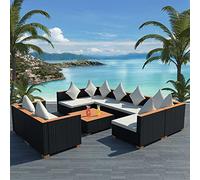 zylophax Salon de Jardin 9 pièces en résine tressée Noire avec Coussins crème, Ensemble canapé d'angle et Central, Table en Bois d'acacia, mobilier extérieur Durable pour terrasse Balcon Patio