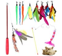 Zyluniy 12 Pièces Jouet Chat Interactif, Interieur Jouets pour Chats avec 2 Canne à Pêche Rétractable pour Chaton, Plumes de Remplacement avec Cloche, Jouets Intelligence Chat Baguette