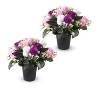 Zyluniy 2 Pots Fleurs Artificielles Cimetiere, Fleur Artificielle Deco Réaliste Roses Fleur Artificielle Cimetiere Plante Artificielle Exterieur pour Cimetière Maison Jardin Balcon Porche