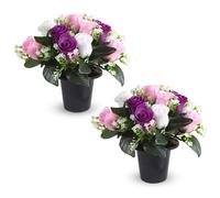 Zyluniy Cimetiere Fleurs Artificielles en Pot, 2 Pcs, Violet, Rose, Blanc | Rose Fleur Artificielle avec Vase pour Cimetière Tombe Deco, Exterieur Tombale, Funéraire Decoration