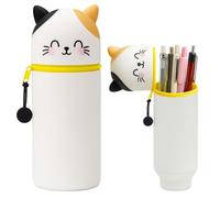 Zyluniy Kawaii Étui Ecole 2 en 1 en Silicone Souple, Trousse Silicone Verticale, Trousse Kawaii Animaux,Troussa Porte-Stylo de Table, Rétractable Troussa avec Fermeture Eclair (Chat Blanc)