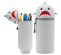 Zyluniy Kawaii Étui Ecole 2 en 1 en Silicone Souple, Trousse Silicone Verticale, Trousse Kawaii Animaux,Troussa Porte-Stylo de Table, Rétractable Troussa avec Fermeture Eclair (Requin Gris)